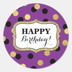 Happy Birthday Lila Black Gold Confetti Runder Aufkleber