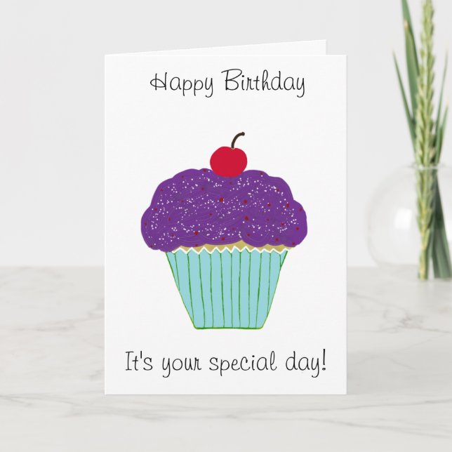 Happy Birthday Lila Cupcake Cherry Karte (Vorderseite)