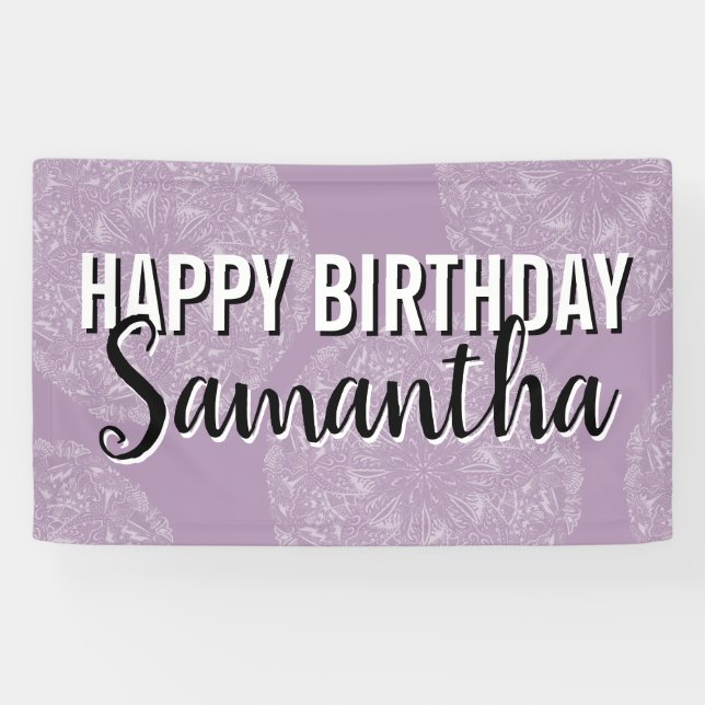 Happy Birthday Lila Mandala Feminine Typografie Banner (Horizontal)