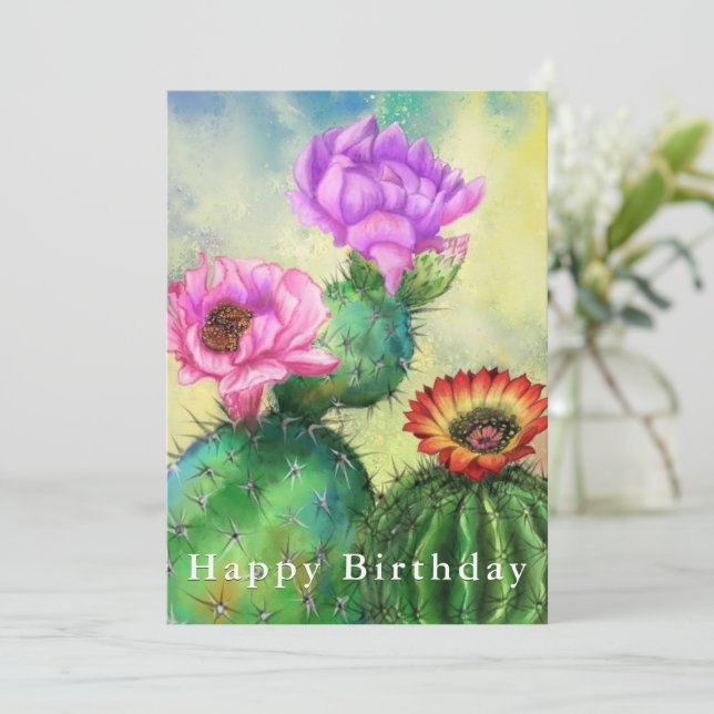 Happy Birthday - Lila Pink Red Cactus Blume (Stehend Vorderseite)