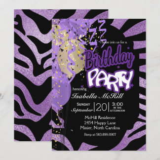 Happy BIrthday - Lila und schwarze Zebrastreifen Einladung