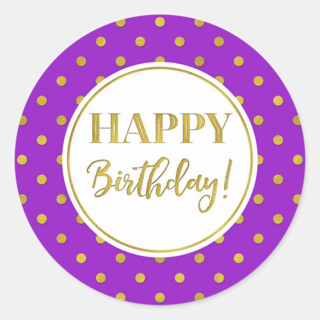 Happy Birthday Lila White Gold Dots Runder Aufkleber (Vorderseite)