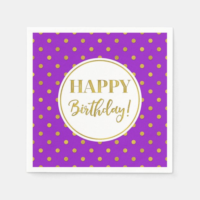 Happy Birthday Lila White Gold Dots Serviette (Vorderseite)