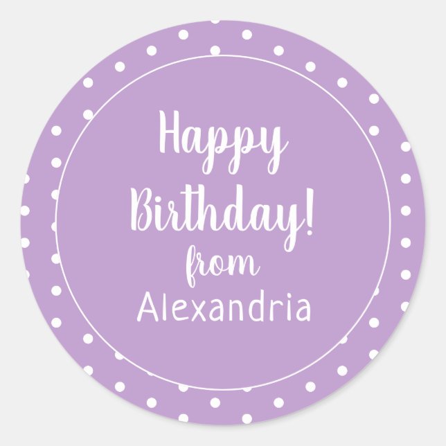 Happy Birthday Lilac Lila Polka Dot Runder Aufkleber (Vorderseite)