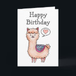 Happy Birthday Llama Karte<br><div class="desc">Wünschen Sie jemanden einen glücklichen Geburtstag mit dieser bezaubernden Karte. Niedliche Aquarellmalerei eines kahlem,  bräunlichen Lamas mit einem mehrfarbigen gemusterten Tuch auf seinem Rücken. Rechts ist eine Sprechblase mit einem niedlich rosa Innern.</div>