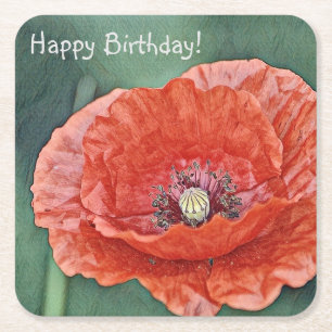 Happy Birthday Luscious Red Poppy Rechteckiger Pappuntersetzer