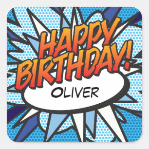 HAPPY BIRTHDAY Lustiges Retro-Comicbook Quadratischer Aufkleber