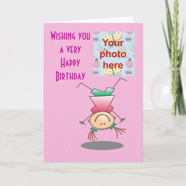 Happy Birthday Mädchen machen Handständer fügen Fo Karte (Vorderseite)
