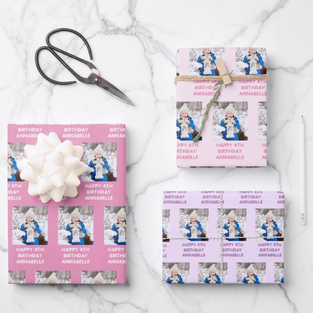 Happy Birthday Mädchenname und Foto Pink und Lilac Geschenkpapier Set (Vorderseite)