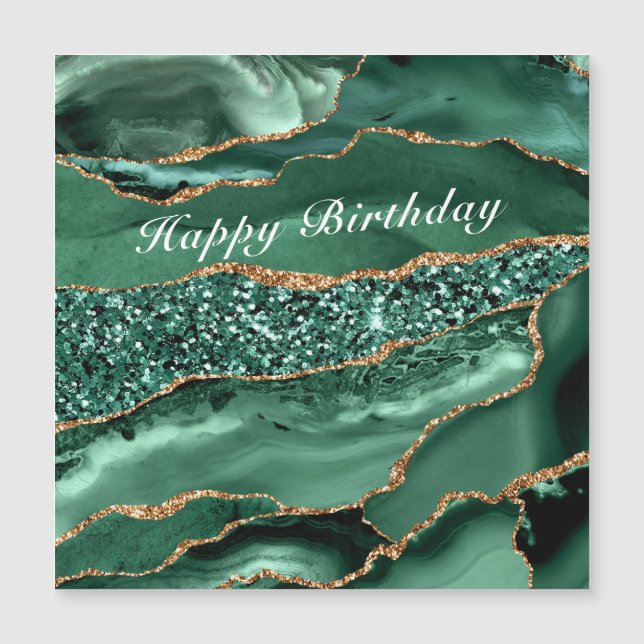 Happy Birthday Magnet Card Agate Green Gold Marmor (Vorderseite)