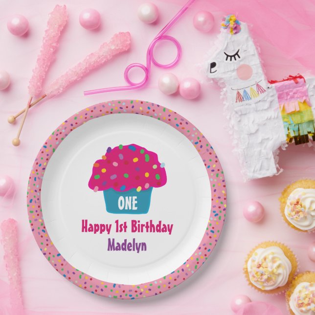 Happy Birthday Mattiert Cupcake Rainbow Sprinkles Pappteller (Party)