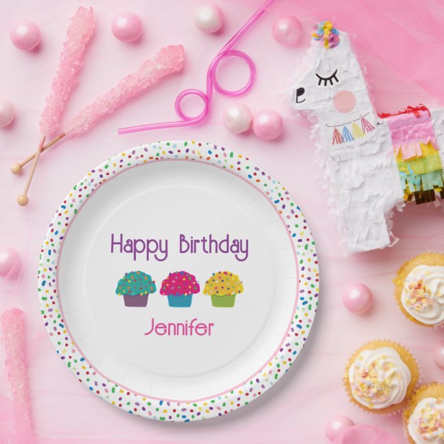 Happy Birthday Mattiert Cupcakes Regenbogen Sprink Pappteller (Party)