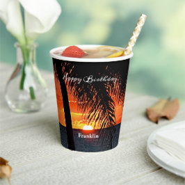 Happy Birthday Men Sunset Ocean Tropical Trees Pappbecher