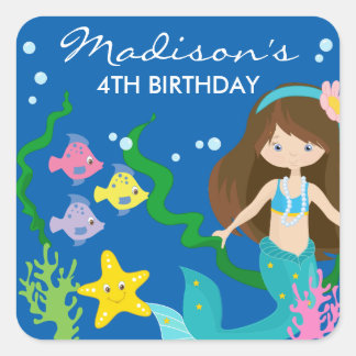 Happy Birthday Mermaid | Unterseegebiet Quadratischer Aufkleber