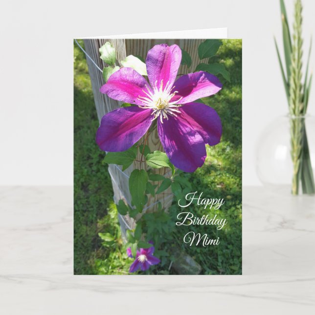 Happy Birthday Mimi Lila Blume Clematis Karte (Vorderseite)