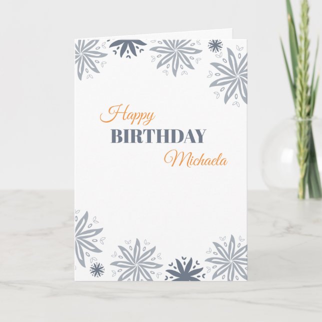 Happy Birthday Minimalistisch Gray Orange Floral Karte (Vorderseite)