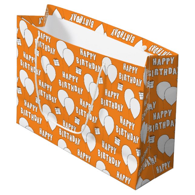 Happy Birthday mit Balloons Orange Hintergrund Große Geschenktüte (Vorderseite Schrägansicht)