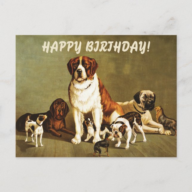 Happy Birthday mit Vintager Hunde Illustration Postkarte (Vorderseite)