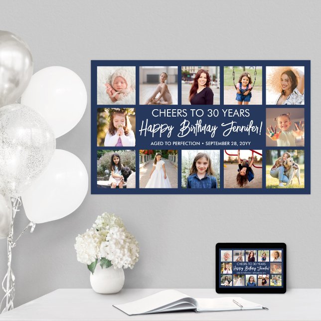 Happy Birthday Modern Foto Collage Navy Blue Poster (Von Creator hochgeladen)