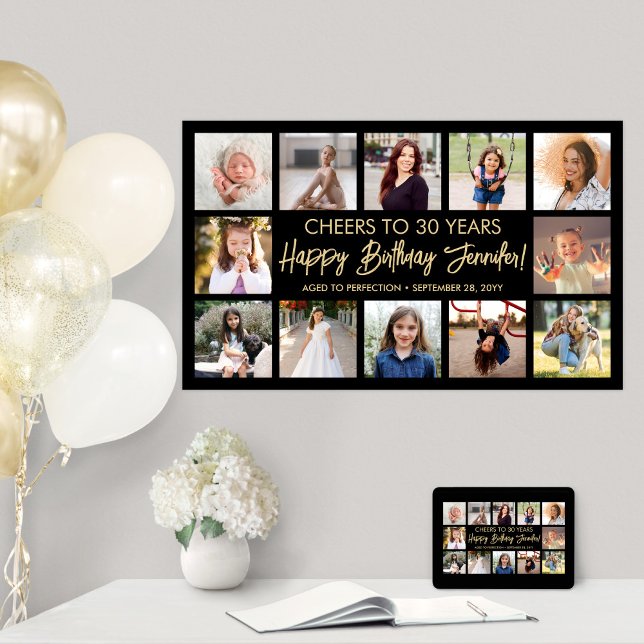 Happy Birthday Modern Foto Collage Schwarz und Gol Poster (Von Creator hochgeladen)
