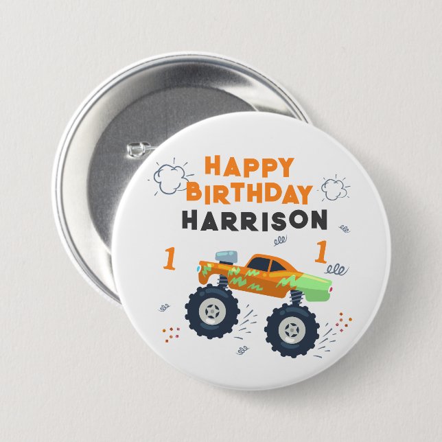 Happy Birthday Modern Monster Car Trucks Name Button (Vorne & Hinten)