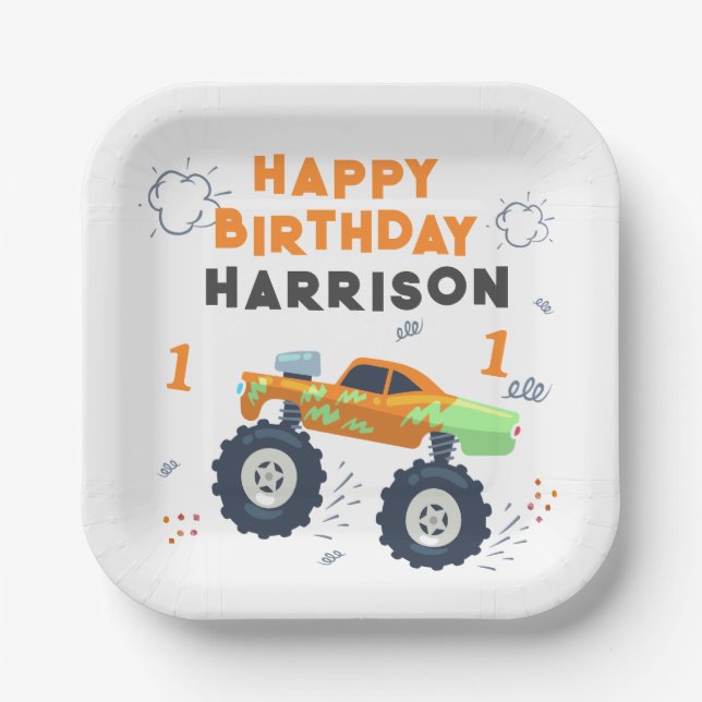 Happy Birthday Modern Monster Car Trucks Name Pappteller (Vorderseite)
