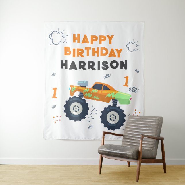 Happy Birthday Modern Monster Car Trucks Name Wandteppich (Beispiel)