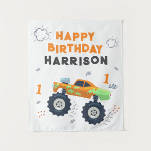 Happy Birthday Modern Monster Car Trucks Name Wandteppich