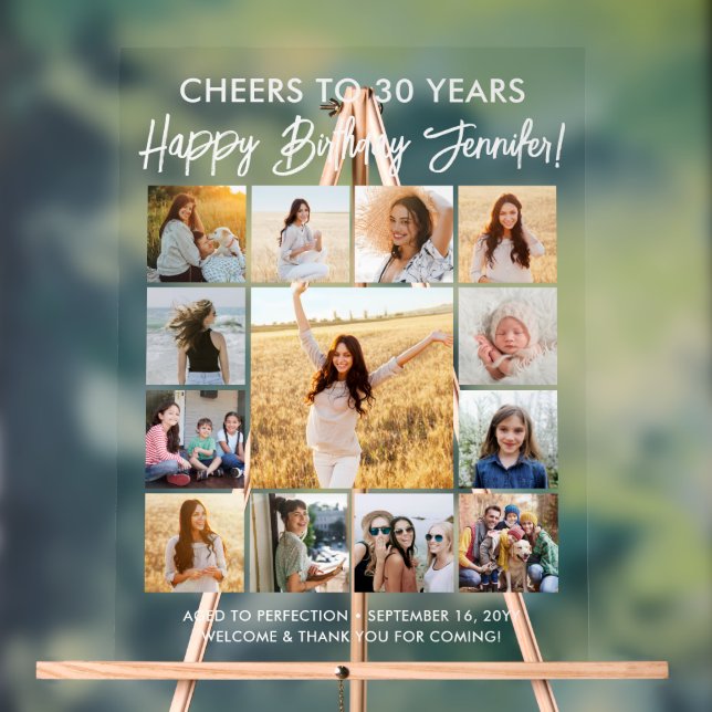 Happy Birthday Modern Script Foto Collage Party Acrylschild (Neutral)