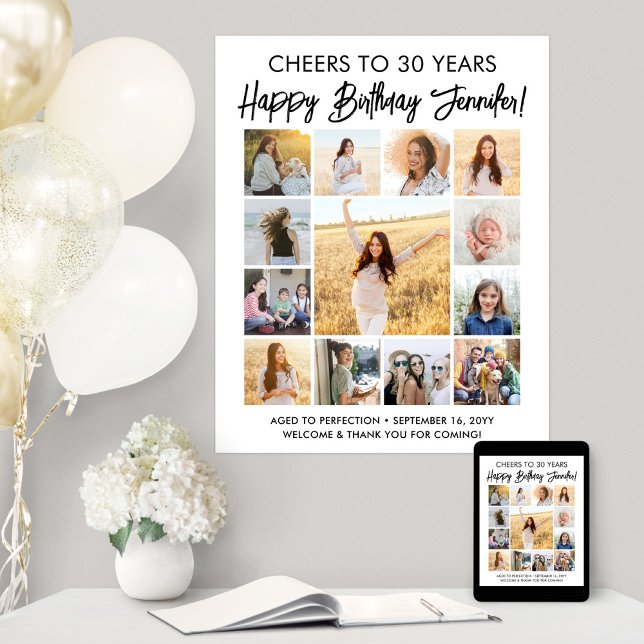 Happy Birthday Modern Script Foto Collage Party Poster (Von Creator hochgeladen)