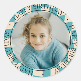 Happy Birthday Modern Simple Colorful Foto Blue Runder Aufkleber
