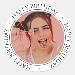 Happy Birthday Modern Simple Elegante Custom Foto Runder Aufkleber