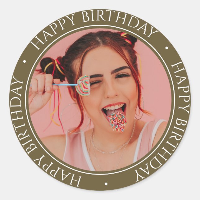 Happy Birthday Modern Simple Elegante Custom Foto Runder Aufkleber (Vorderseite)
