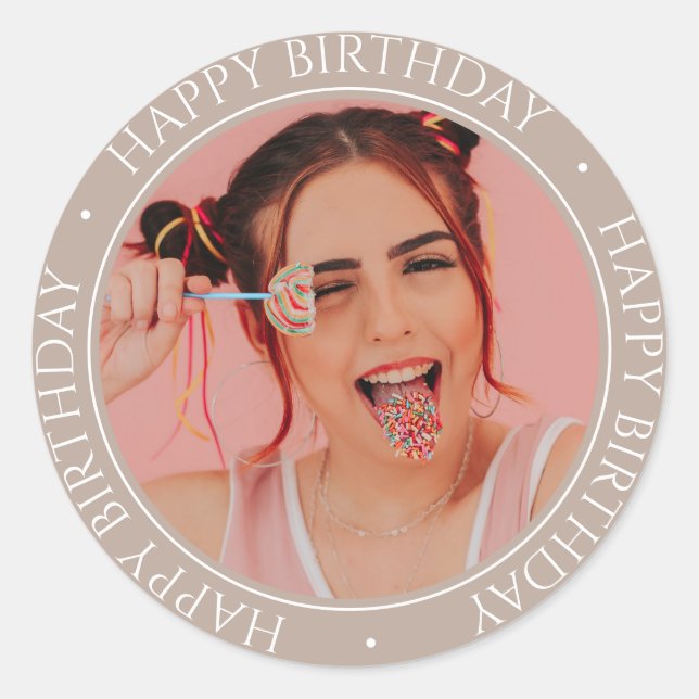 Happy Birthday Modern Simple Elegante Custom Foto Runder Aufkleber (Vorderseite)