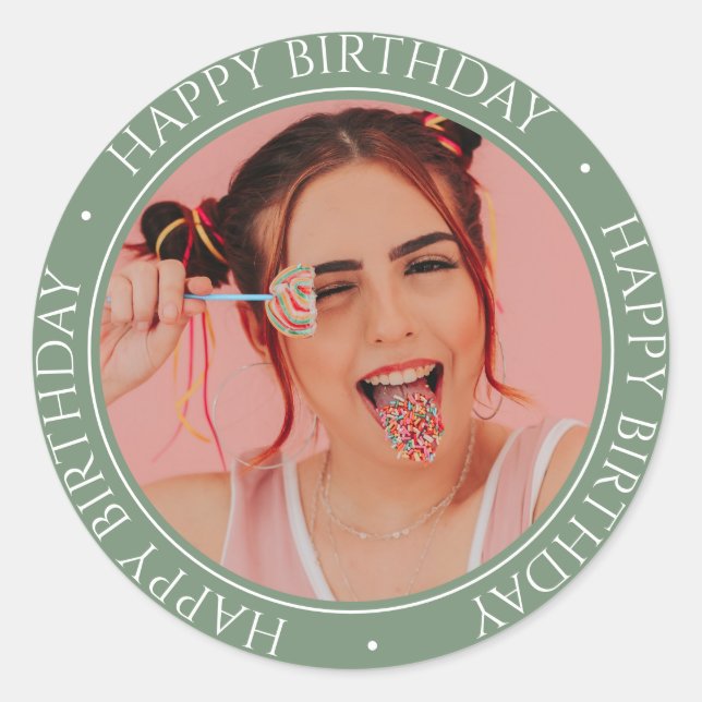 Happy Birthday Modern Simple Elegante Custom Foto Runder Aufkleber (Vorderseite)