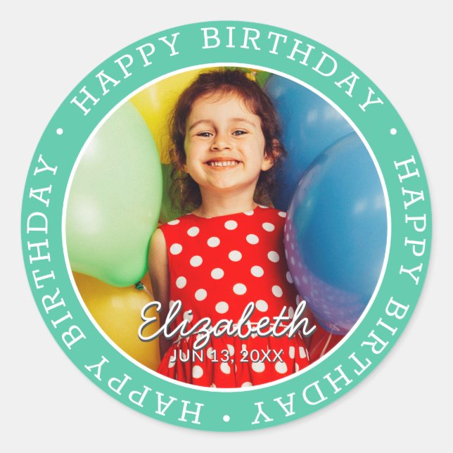 Happy Birthday Modern Simple Preppy Fun Foto Runder Aufkleber (Vorderseite)
