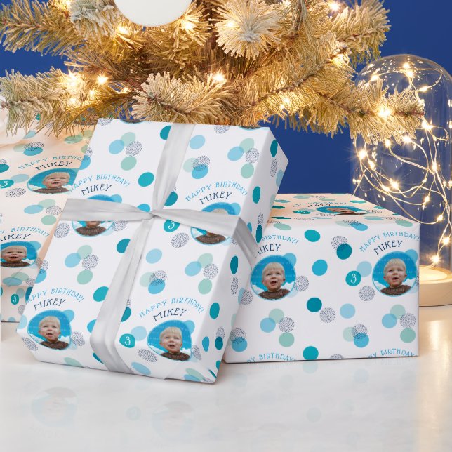 HAPPY BIRTHDAY Modernes Foto Konfetti Flecken blau Geschenkpapier (Feiertage)