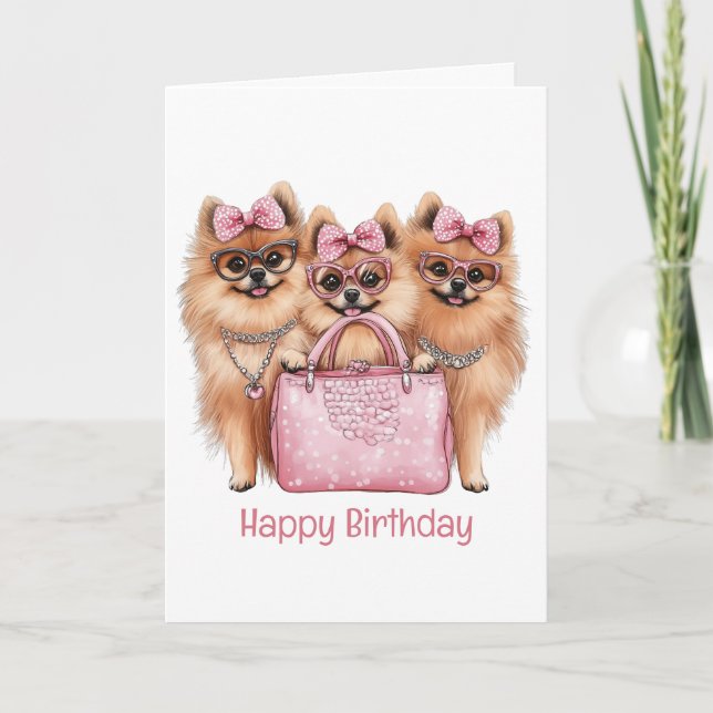 Happy Birthday modische Spitz Hunde Karte (Vorderseite)