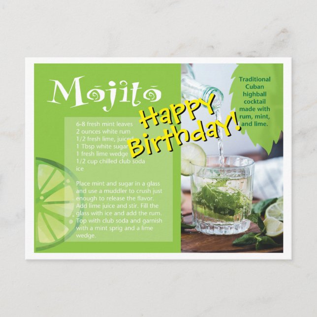 Happy Birthday Mojito Cocktail Rezept Postkarte (Vorderseite)