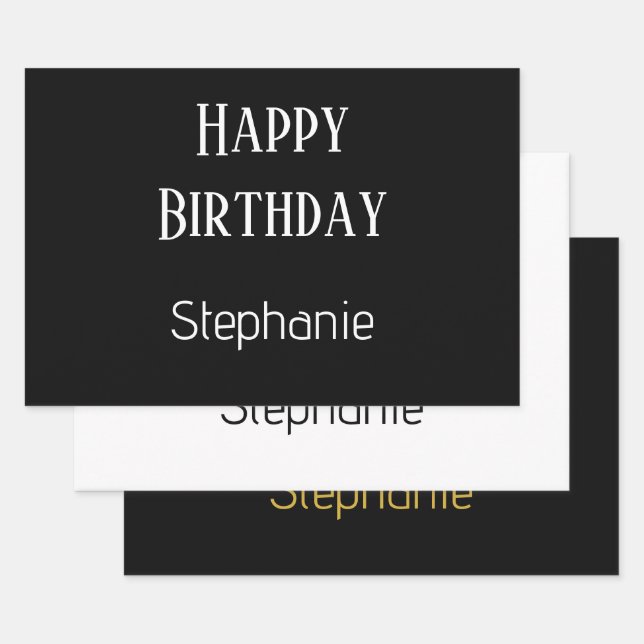 Happy Birthday Monogram Name Gold Schwarz-weiß Geschenkpapier Set (Set)
