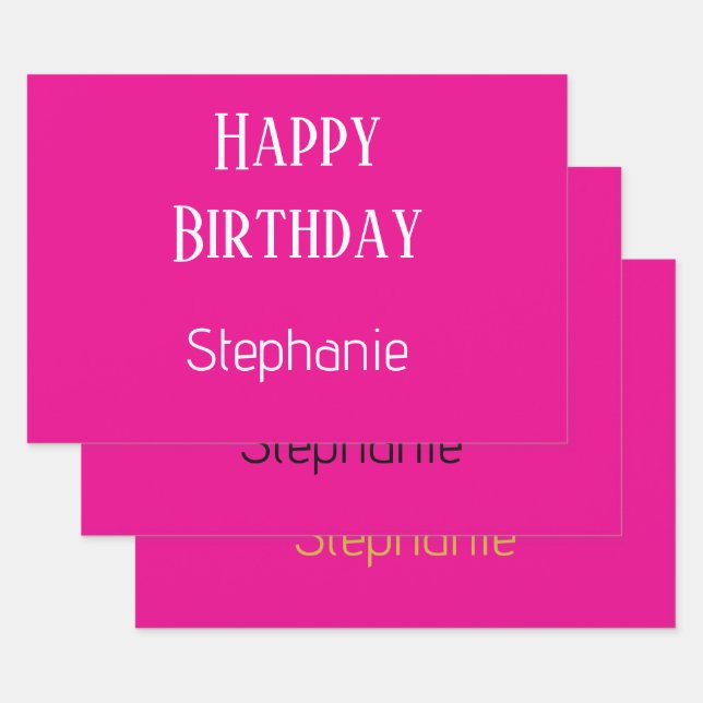 Happy Birthday Monogram Name Hot Pink Gold Niedlic Geschenkpapier Set (Set)