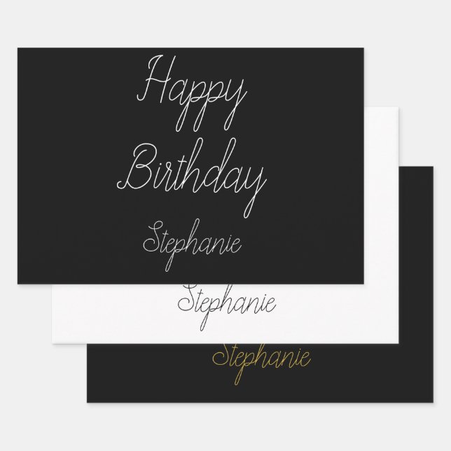 Happy Birthday Monogram Name Schwarz-weiß Gold Geschenkpapier Set (Set)