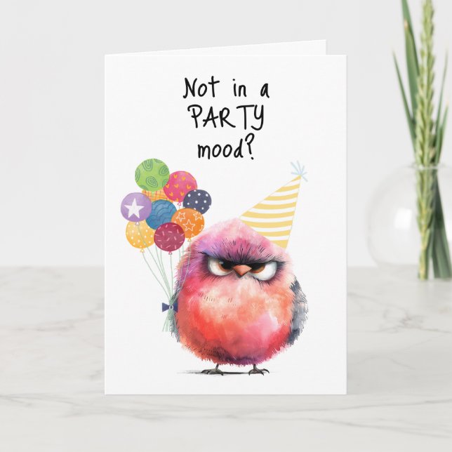 Happy Birthday Moody Bird Party Hat Balloons Karte (Vorderseite)