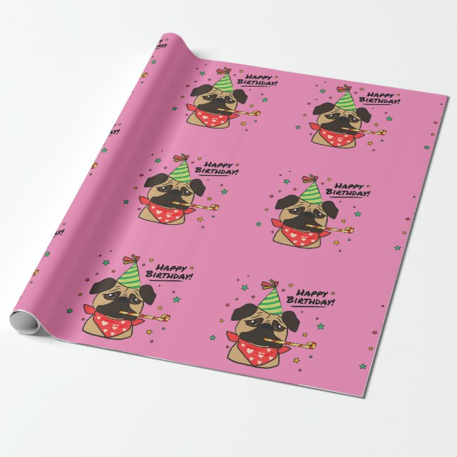 Happy Birthday Mops Girl Geschenkpapier (Ungerollt)