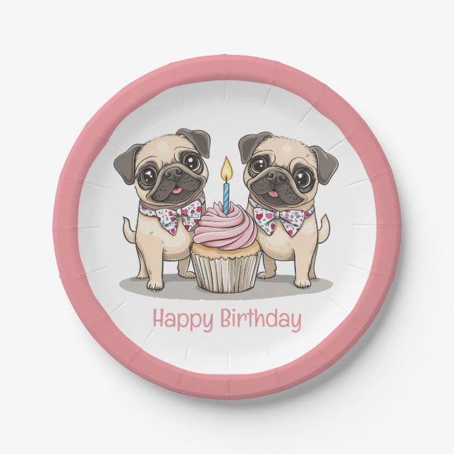 Happy Birthday Mops Hunde Cupcake Pappteller (Vorderseite)