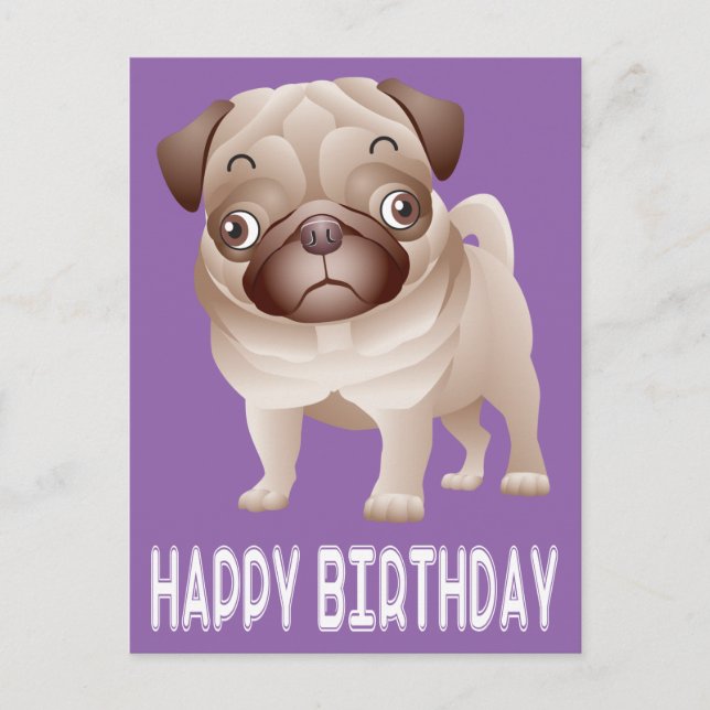 Happy Birthday Mops Welpe Hund Lila Postkarte (Vorderseite)