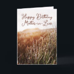 Happy Birthday Mother in Law Rustic Birthday Card Feiertagskarte<br><div class="desc">Benutzerdefinierte Geburtstagskarte mit rustikalem Sonnenuntergang-Foto mit "Happy Birthday Mother-in-Law" in Skripttypografie. Farbige Innenausstattung und Rücken. Auch für Instant Download verfügbar,  um einfach mit Freunden und Familie zu teilen.</div>