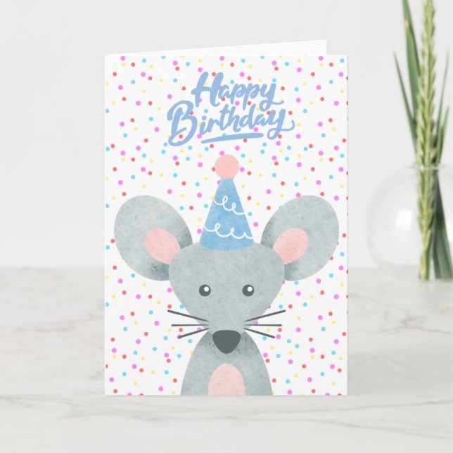 Happy Birthday Mouse Party Hat Confetti Gruß Karte (Vorderseite)