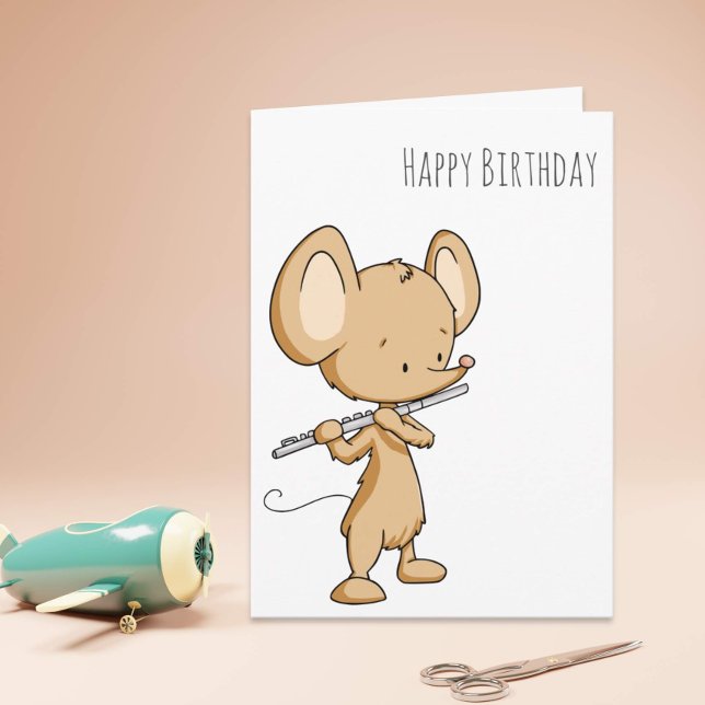 Happy Birthday Mouse Playing the Flute Musician Karte (Von Creator hochgeladen)