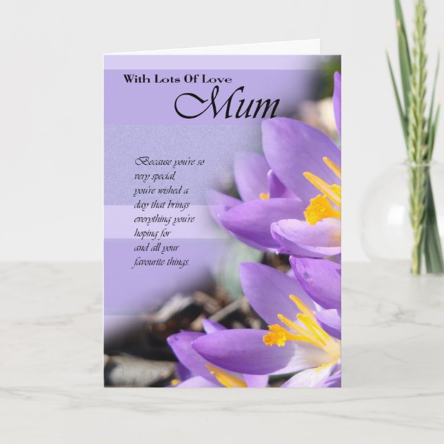Happy Birthday Mum card mit lila Crocus Karte (Vorderseite)